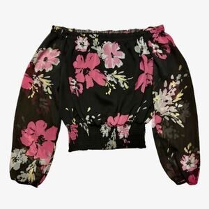 Off-Shoulder Black & Pink Floral Sheer Long Sleeve Shirred Hem Crop Top (12P)